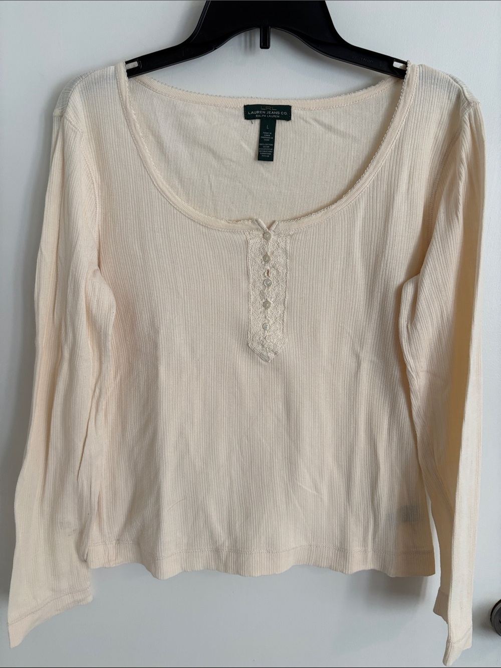 Lauren Ralph Lauren Cream Ribbed Long-Sleeve Henley Top